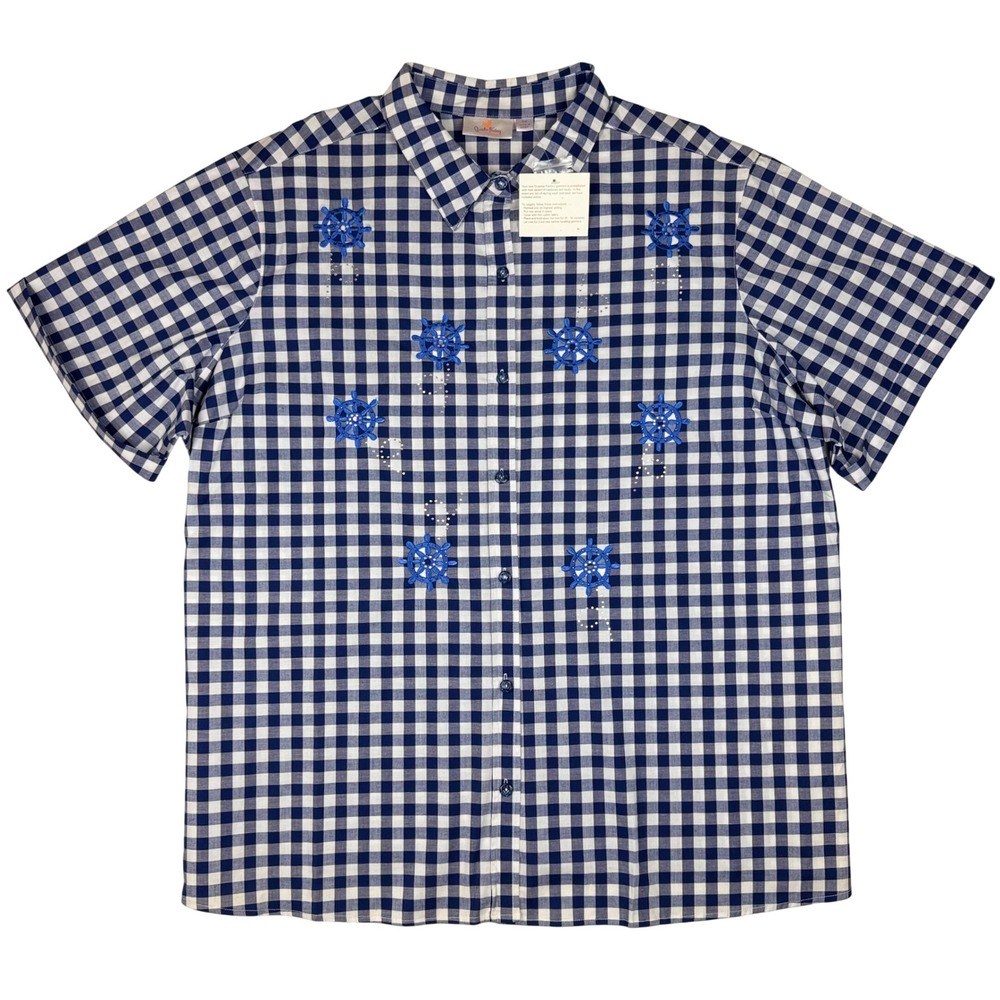 NWT Quacker Factory Nautical Gingham Embroidered Rhinestone Shirt Women 3X Blue